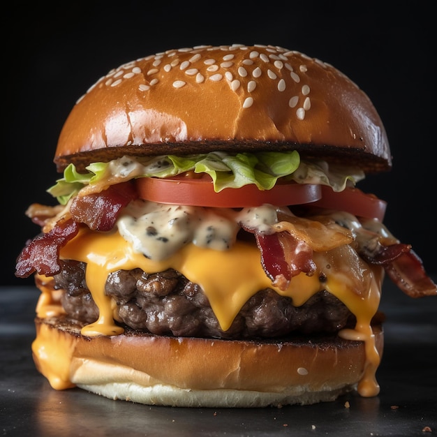 A burger with bacon and cheese on it