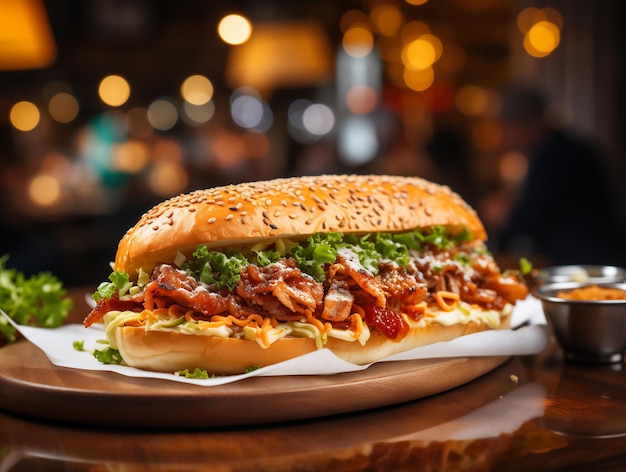 Burger with bacon cheese and tomato on a wooden table Generated by AI