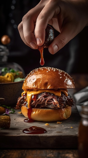 burger with beef and cheese on wood and isolated black background Generative AI