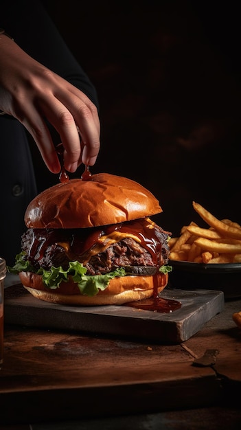 burger with beef and cheese on wood and isolated black background Generative AI