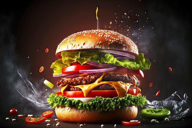 Burger with beef cutlet lots of sauce cucumbers and tomatoes on dark background