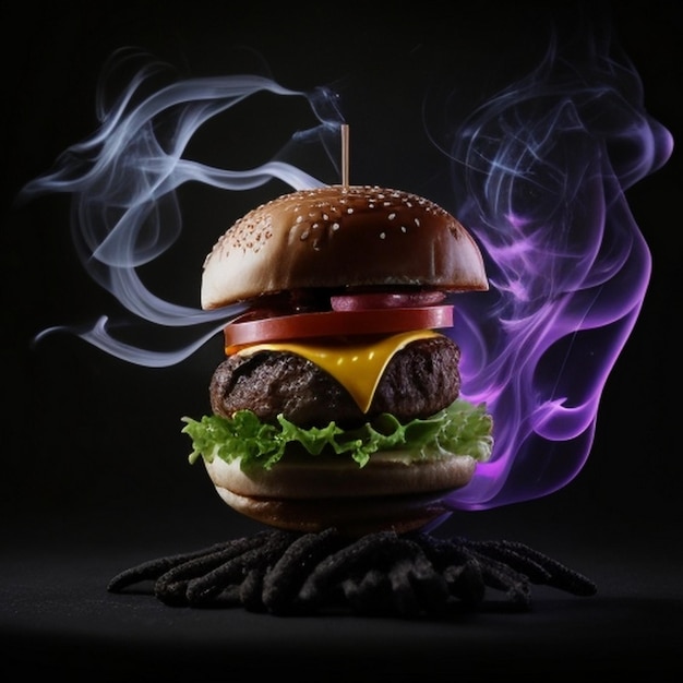 Photo a burger with black background colorful smoke