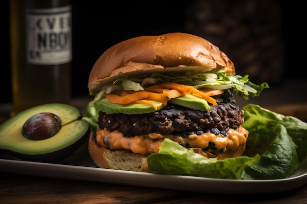 A burger with a bottle of bourbon on the side