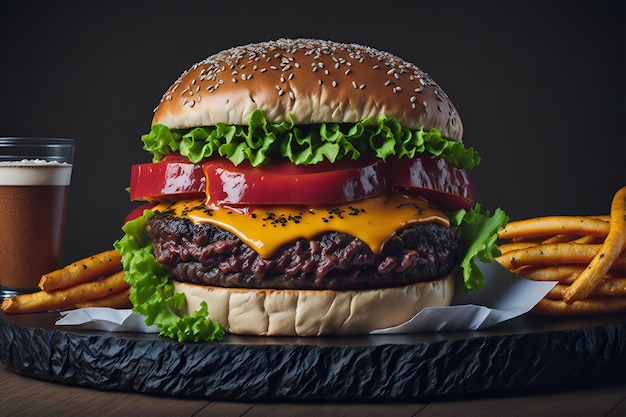 A burger with a bun and fries on a black plate