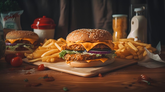 A burger with a burger on it sits on a table with french fries and a red container of ketchup.