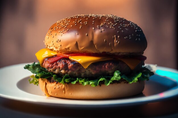 A burger with cheese on it sits on a plate.