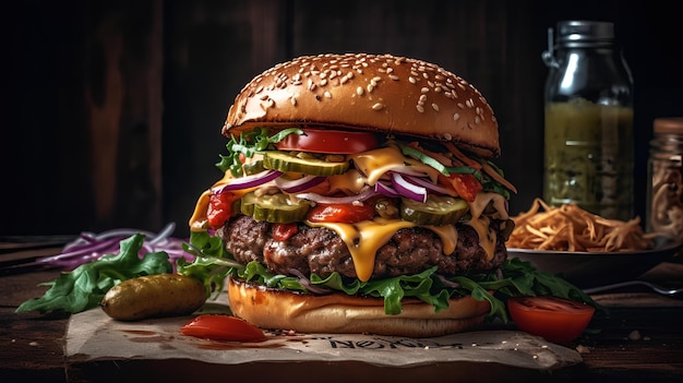 A burger with cheese, pickles, tomato, and pickles on a table.