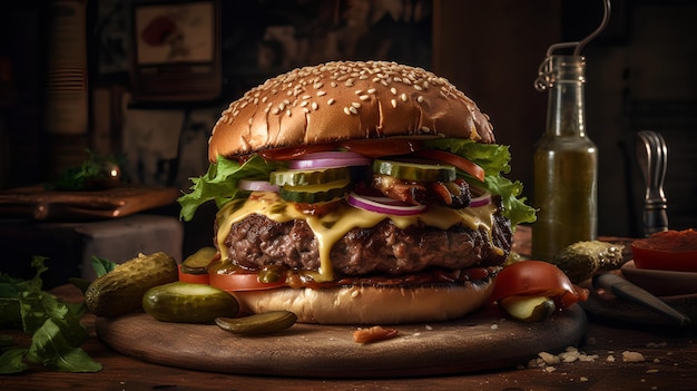 A burger with cheese and pickles on a wooden board