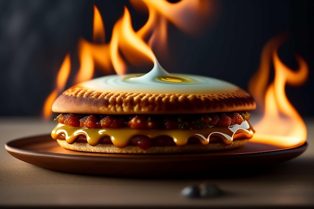 A burger with cheese and sauce on it in front of a fire.