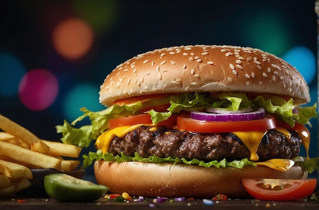 Burger with a colorful array of fresh