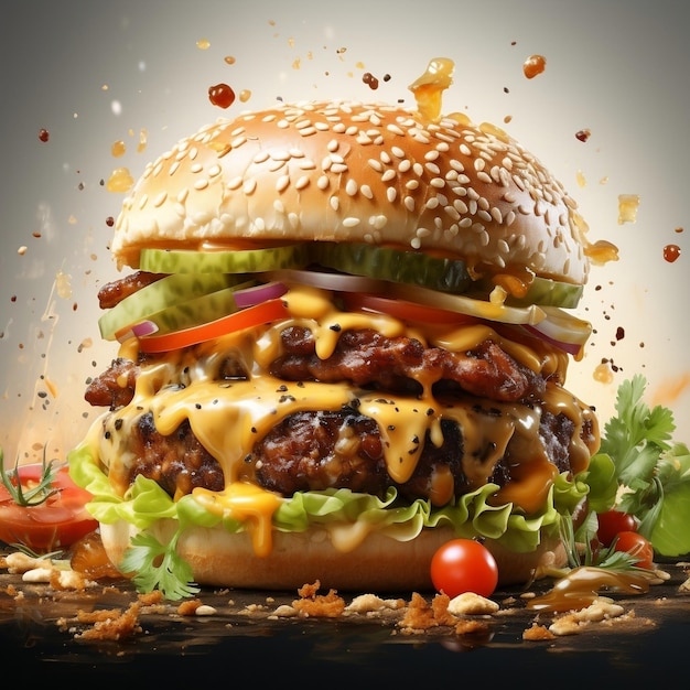 Burger with delicious ingredients and splash of sauce