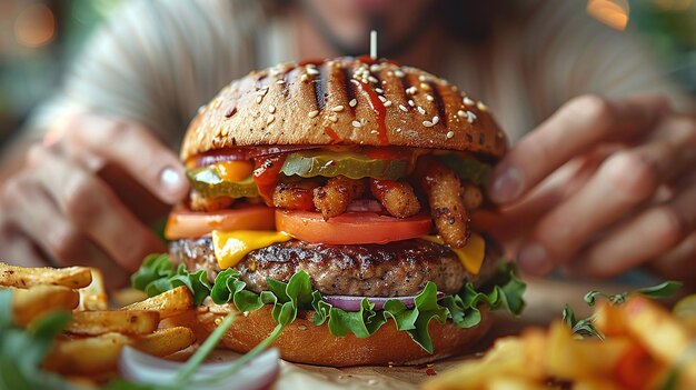 Photo a burger with a deliciously messy eating experience