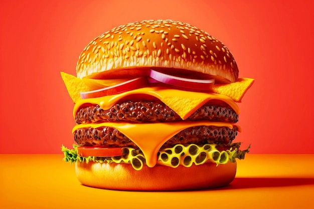 Burger with filling of molten cheese between two juicy cutlets on bright orange background