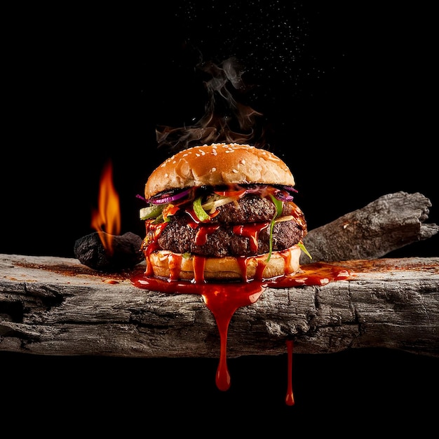 Burger with fish on black background