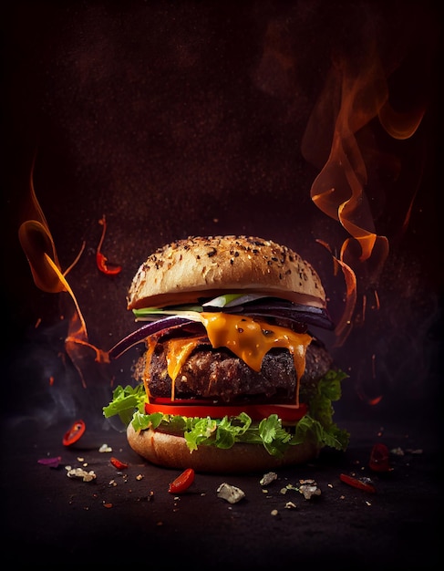 A burger with a flame background and the words burger on it