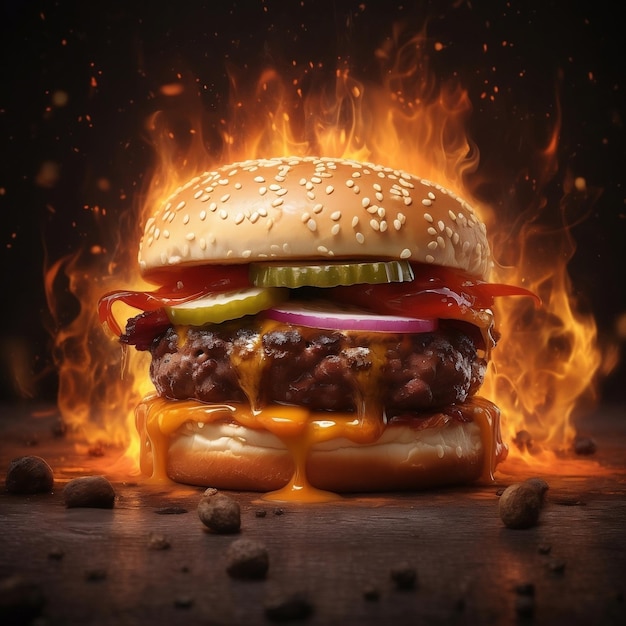 A burger with a flame Beef burger with fire background Burger in fire juicy cheesy burger in fire