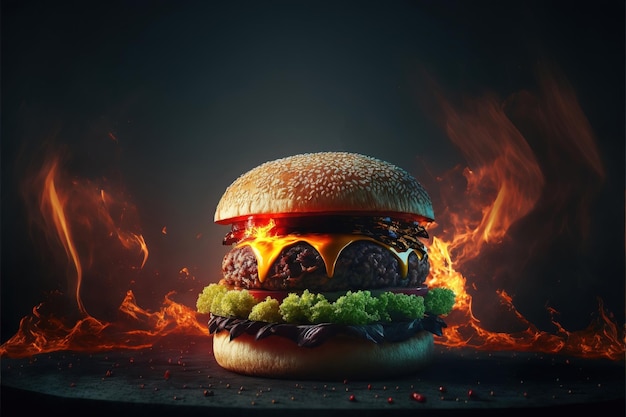 Burger with a flame on the top