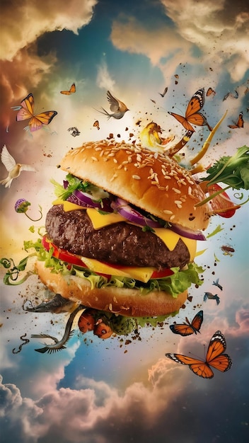 Burger with flying elements