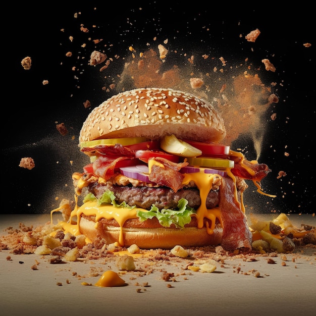 Burger with flying ingredients on a black background