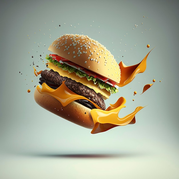 burger with flying ingredients, cheese, beef, lettuce, pickle, tomato, ketchup, ketchup. product illustration created with Generative AI technology