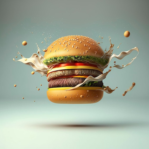 burger with flying ingredients, cheese, beef, lettuce, pickle, tomato, ketchup, ketchup. product illustration created with Generative AI technology