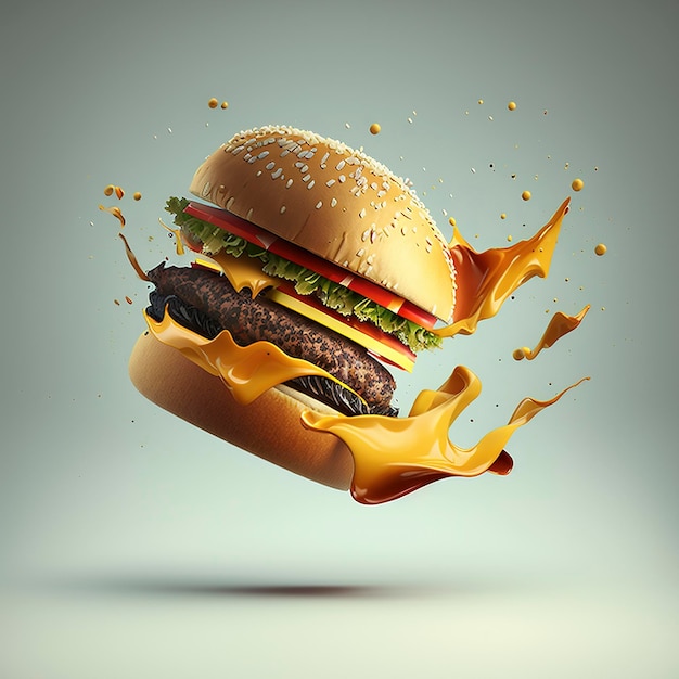 burger with flying ingredients, cheese, beef, lettuce, pickle, tomato, ketchup, ketchup. product illustration created with Generative AI technology