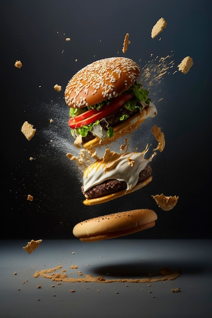 burger with flying ingredients, cheese, beef, lettuce, pickle, tomato, ketchup, ketchup. product illustration created with Generative AI technology