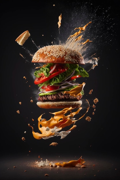 burger with flying ingredients, cheese, beef, lettuce, pickle, tomato, ketchup, ketchup. product illustration created with Generative AI technology