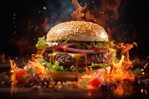 Burger with flying ingredients and splashes and fire on a dark background generative ai