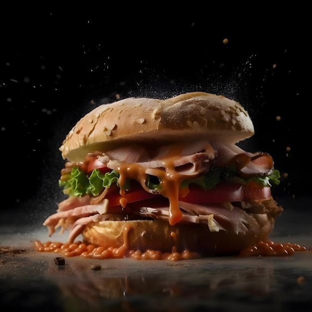 Burger with flying ingredients and splashes of sauce on dark background