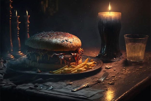 Photo a burger with french fries on it sits on a table next to a candle.