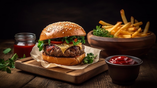 A burger with french fries and ketchup on a wooden table.