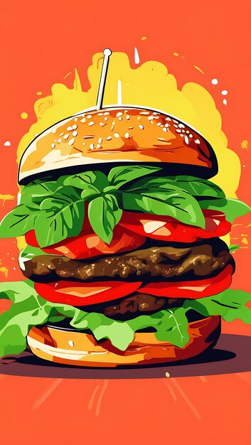 Burger with Fresh Herbs and Tomato on Bright Green Background Generative AI