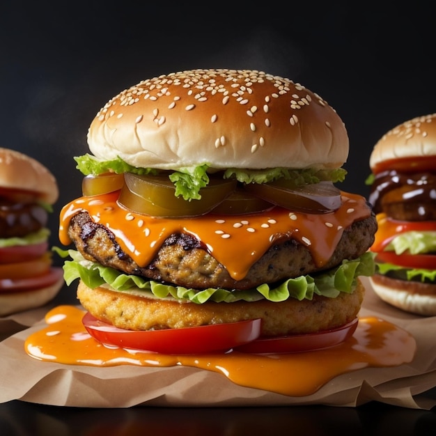 Burger with Fresh Ingredients on a Dark Background