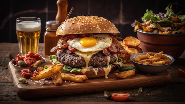 A burger with a fried egg on it and french fries on a wooden board.