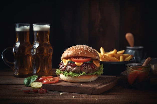 A burger with fries and beer on a wooden table AI Generated