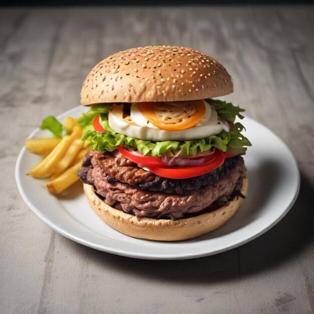 a burger with fries and a burger on a plate