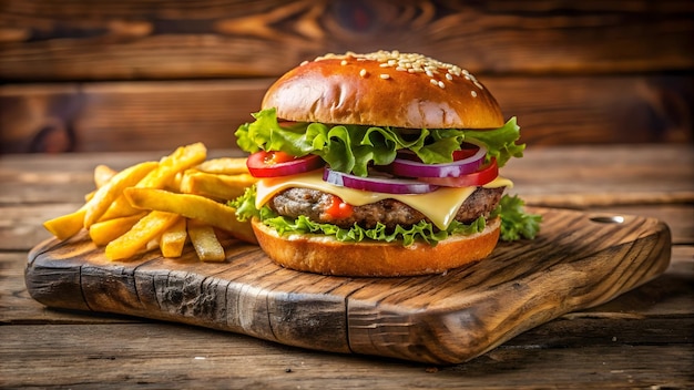 burger with fries on wooden