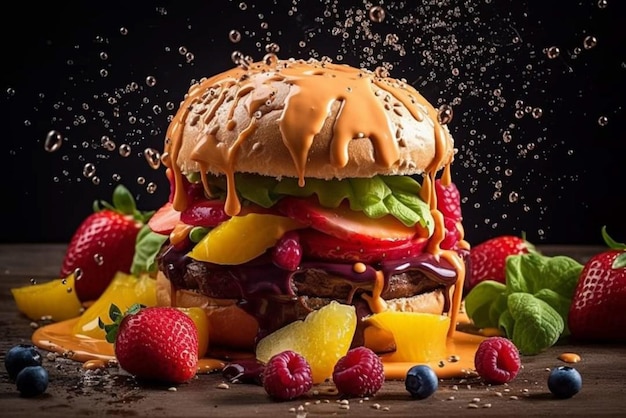 A burger with fruit on it and the word burger on the side