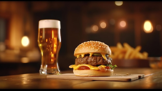 Burger with glass beer on wooden table with blurred background