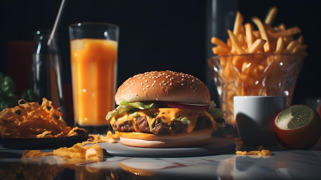 A burger with a glass of orange juice and a glass of orange juice.