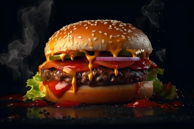 A burger with ketchup and tomato sauce on a black background