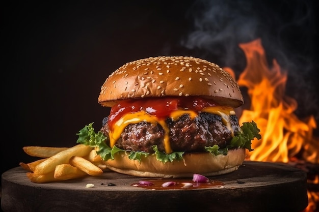 A burger with ketchup and tomato sauce on a wooden board with a fire in the background.