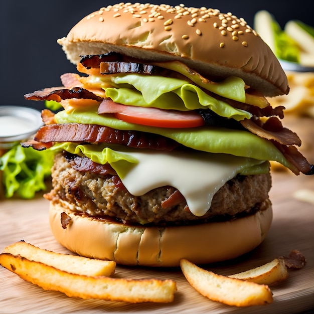 A burger with lettuce, tomato, lettuce, and cheese on it.