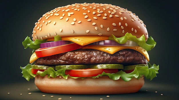 Burger with lettuce tomato onion Fast food hamburger with cheese Beef cheeseburger Generative AI