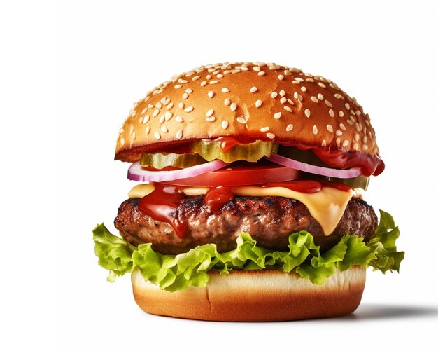 A burger with lettuce, tomato, and onion on it.