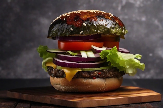 A burger with lettuce and tomato