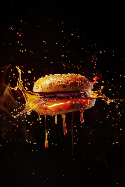 Photo a burger with a lot of sauce on it is being sprayed with water