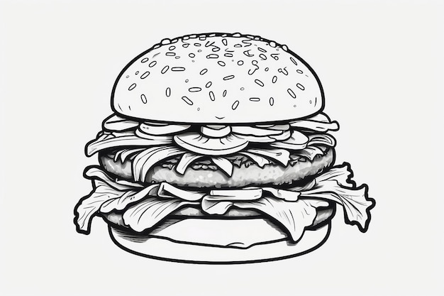 burger with meat onion tomatoes cheese hand drawn sketch of fast food isolate white background