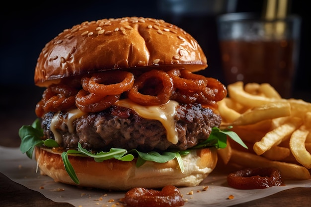 A burger with onion rings and lettuce on it